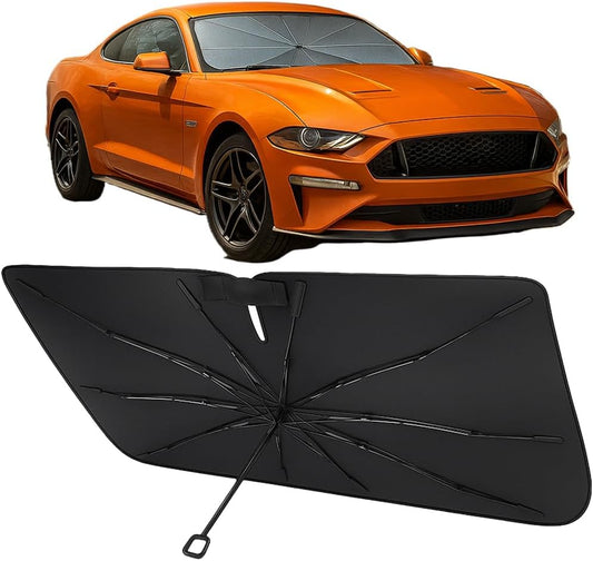 Proadsy Windshield Sun Shade Umbrella for Ford Mustang 2015-2023 Foldable Car Umbrella Sunshade with Soft TPU Handle Spring Structure Crystal Cooling Material Protect Car from Rays & Heat