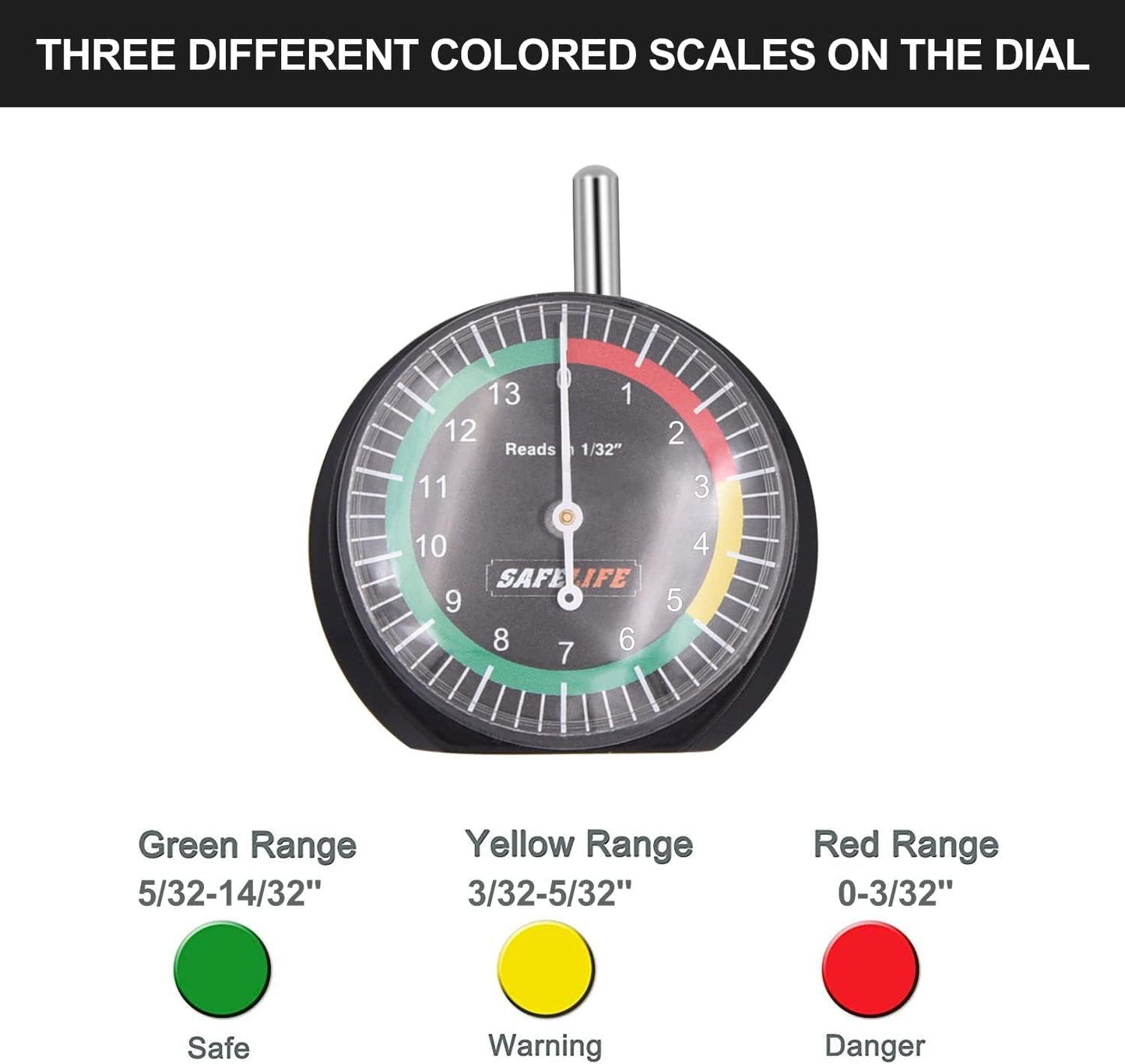 SAFELIFE Tire Tread Depth Gauge, Dial Type Tire Tread Depth Gauge Professional for Motorcycle, Car,Truck and Bus,Easy Reading Tyre Tread Depth Gauge in 32nds