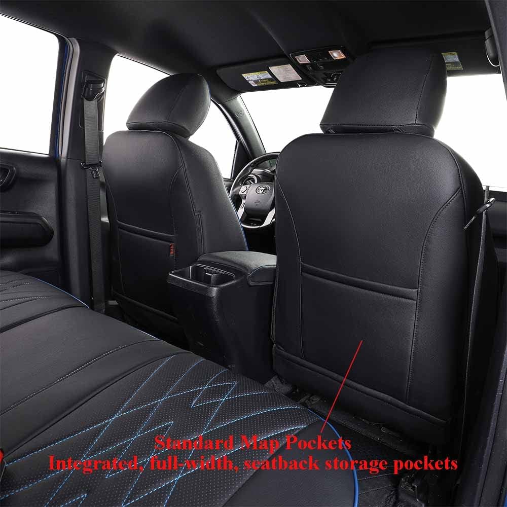 EKR Custom Fit Tacoma Car Seat Covers for Select Toyota Tacoma 2016 2017 2018 2019 2020 2021 2022 2023 Double Cab/Crew Cab -Full Set,Leather (Black with Blue Trim)