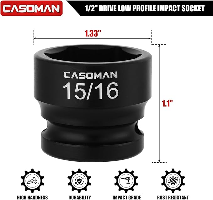 CASOMAN 1/2" Drive 15/16" Stubby Impact Socket Set, 6-Point, 1.1" Length, CR-MO, SAE