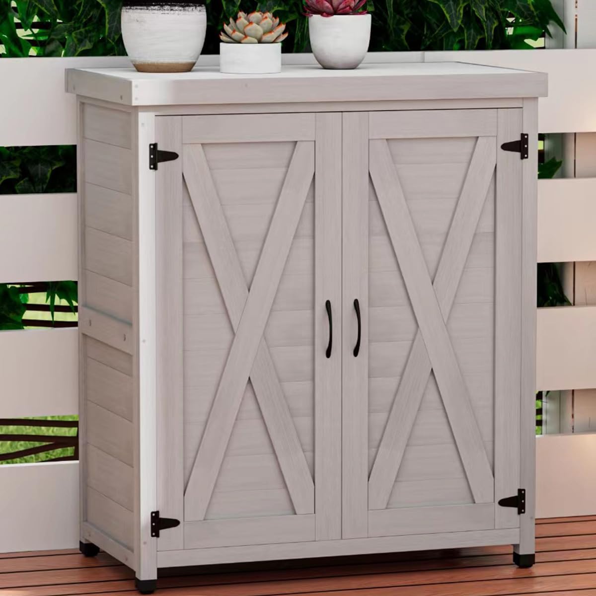 Outdoor Storage Shed Waterproof, Potting Shed with Storage Cabinet and Metal Table Top for Backyard Garden Patio,Outdoor Work Station Table