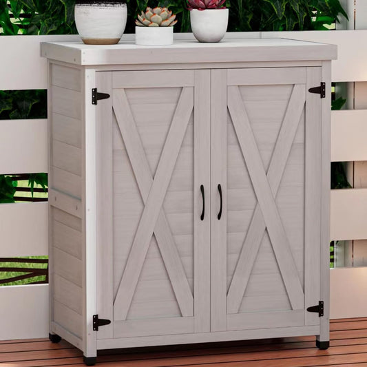 Outdoor Storage Shed Waterproof, Potting Shed with Storage Cabinet and Metal Table Top for Backyard Garden Patio,Outdoor Work Station Table