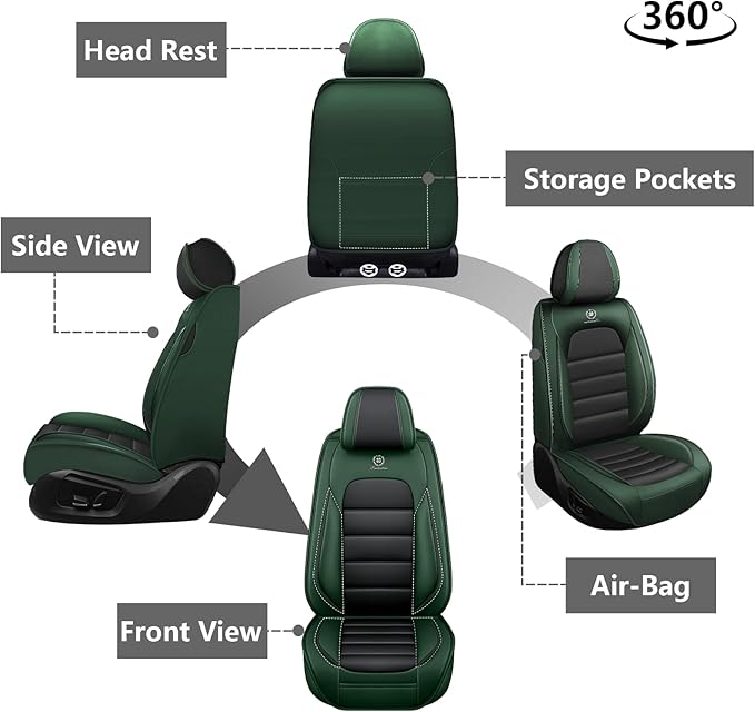 Car Seat Covers for GMC Sierra 1500/2500/3500 Denali SLT AT4 AT4X Base Seat Covers 2008-2025, Waterproof Premium Nappa Leather Seat Protectors(Standard 2 Seats/Black&Green)