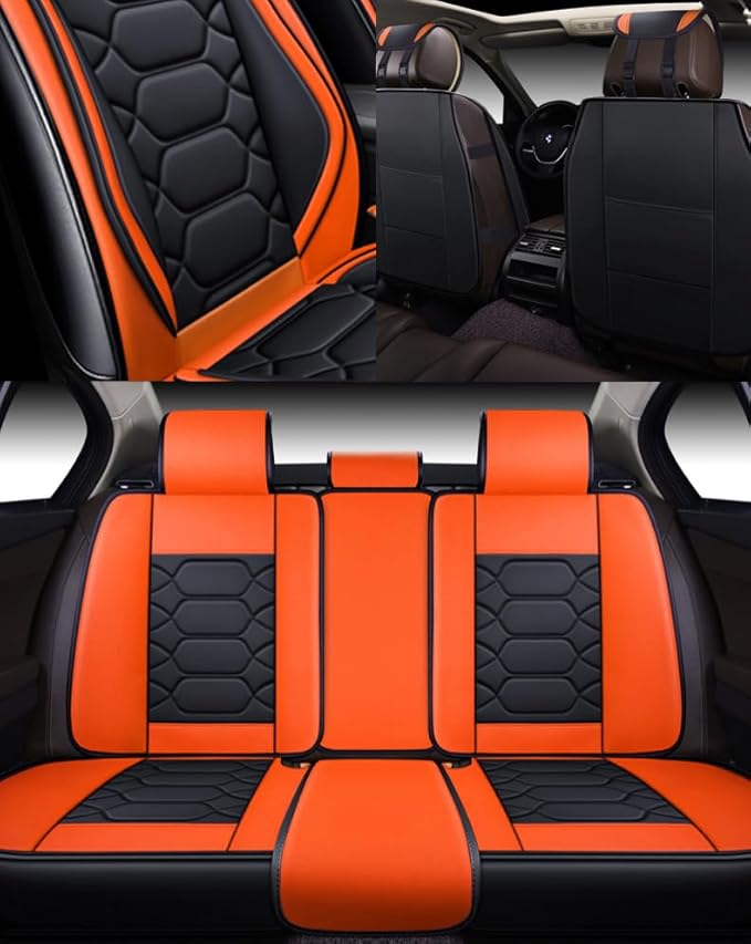 OASIS AUTO Car Seat Covers Full Set, Waterproof Faux Leather Seat Covers for Cars Universal Fit for SUV, Truck, Sedan, Black Premium Car Seat Protector with Front & Back Cushions (OS-004 Black&Orange)