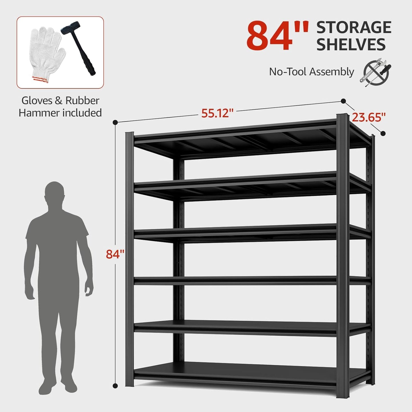 6 Tier Metal Shelving Unit 84" H x 55.12" W x 24" D, 3600LBS Adjustable Storage Shelves, Heavy Duty Garage Shelves for Warehouse, Basement, Kitchen, Pantry, Living Room, Black