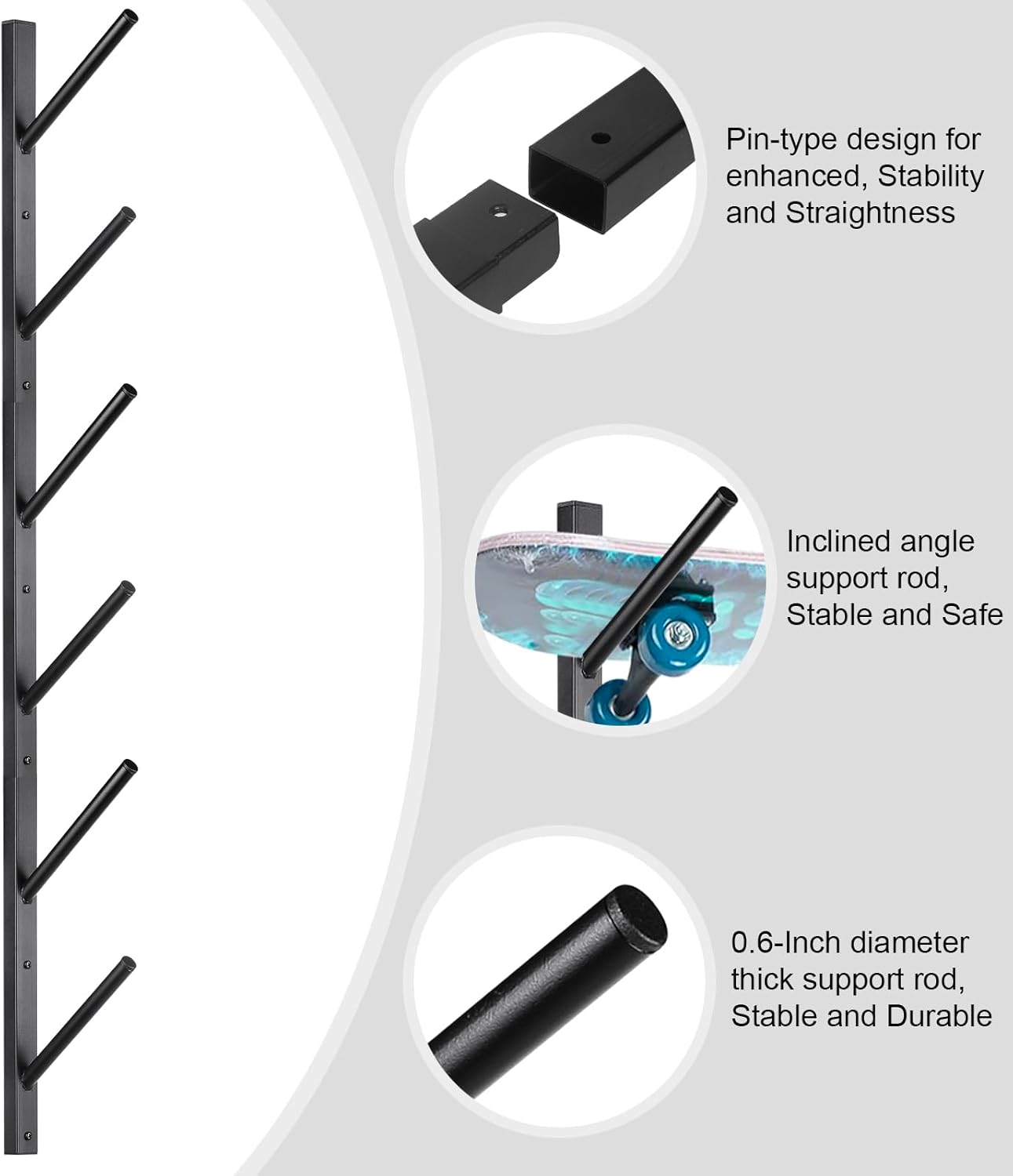 Skateboard Rack Wall Mount – Skateboard Wall Hanger, Snowboard Display Wall Mount, Ski Holder | 6-Floor Skateboard & Ski & Snowboard Storage Rack | Snowboard & Ski Lover Gifts