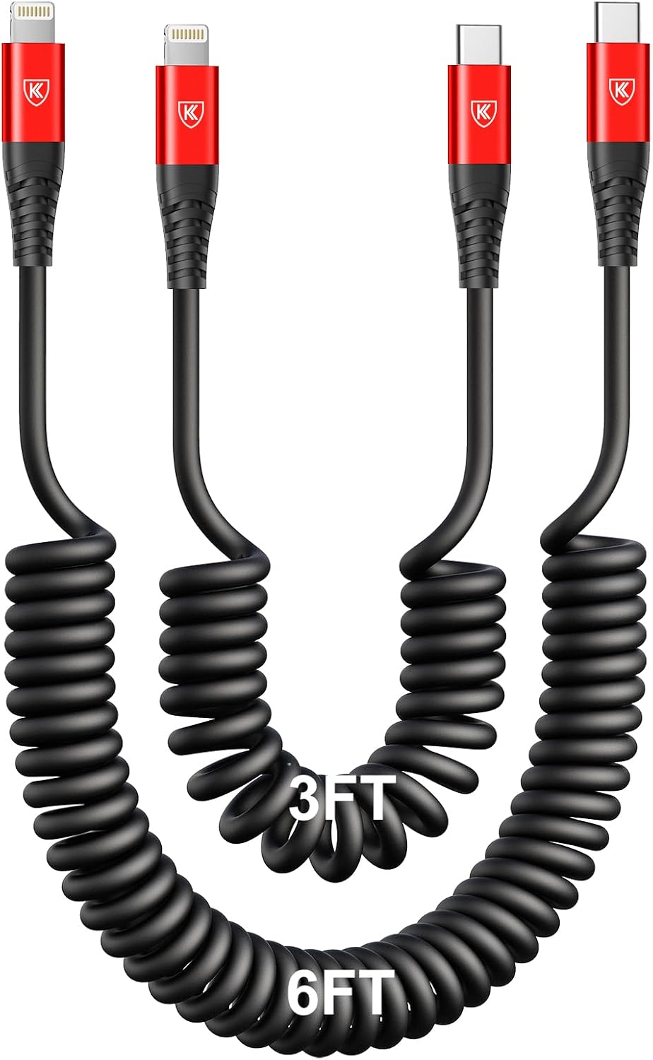 USB Type C to Lightning Cable [3FT/6FT], 2Pack Coiled iPhone Charger Cable Fast Charging for Car [Apple MFi Certified] Short USBC iPhone Cord Compatible with iPhone14/13/12/11/8/Plus/iPad/CarPlay-Red
