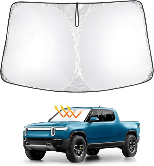 T TGBROS Windshield Sun Shade Custom Fit for 2022-2023 2024 2025 Rivian R1T Accessories Foldable Sun Shield Reflective Polyester Sun Visor Cover Block Heat and Sun Protection