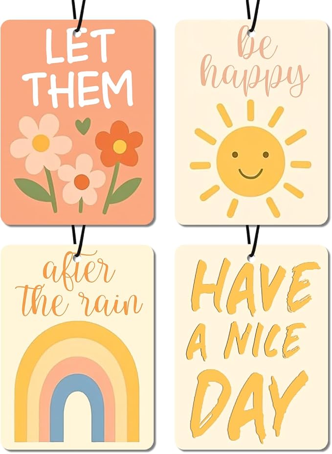 Natural Positive Vibes Car Air Fresheners 4 - Pack Cheerful Floral & Sunshine Designs Gifts for Women&Children Hanging Air Freshener for Therapy Office Classroom Cars Closet Drawer Books