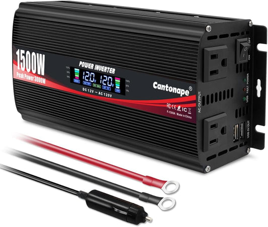 1500W Power Inverter 12V to 110V/120V Car Charger Converter with LCD Display, 3.1A Dual USB Ports 2 AC Outlets Car Adapter, Cigarette Lighter for Truck Vehicle Black