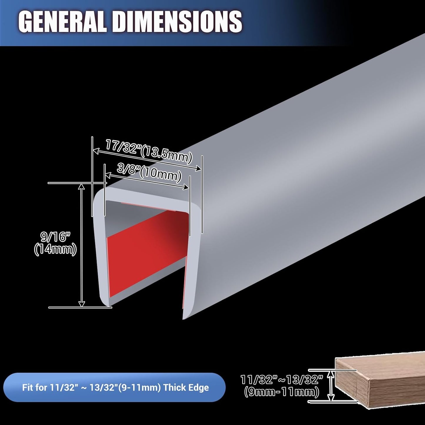 Rubber Edge Trim, Flexible Edge Banding, 3/8"(10mm) U Channel Protector, Self Adhesive Edge Guards for Plywood, Glass, Flexiglass and Sheet Metal Parts, 20Ft, Grey Color