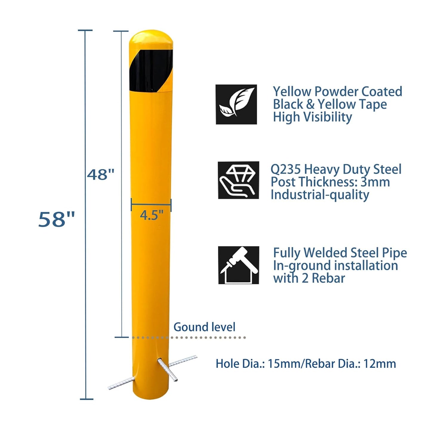58" Pour in Place Steel Bollard Post, 4-1/2" OD Safety Bollard Yellow Powder Coat, Metal Bollard Parking, Driveway Barrier