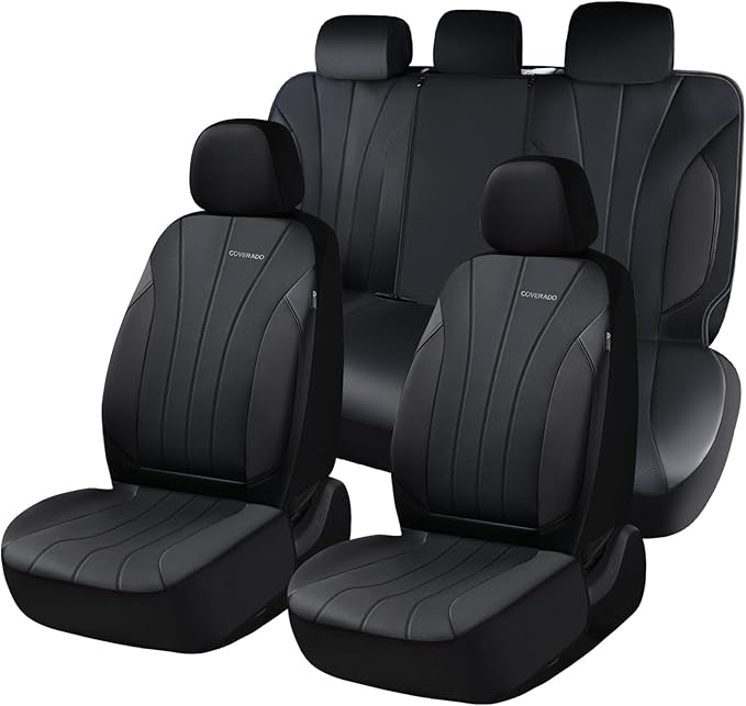Coverado Car Seat Covers Full Set, Automotive Front and Rear Seat Covers, Leather Car Seat Covers Full Set 5 Seats, Airbag-Compatible, Spill-Proof Design, Black Seat Covers for SUV Sedan Truck