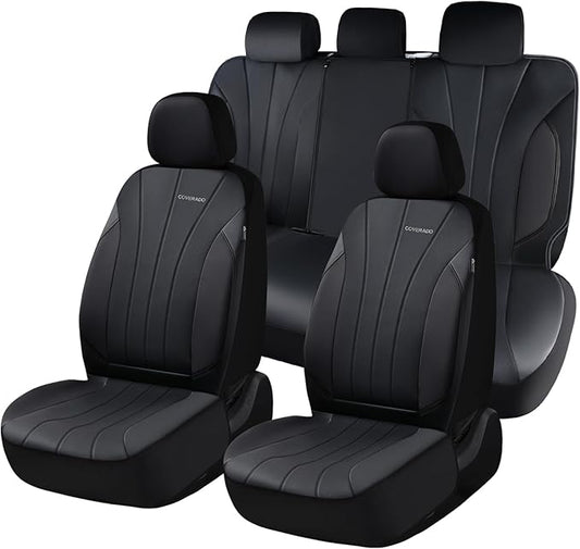 Coverado Car Seat Covers Full Set, Automotive Front and Rear Seat Covers, Leather Car Seat Covers Full Set 5 Seats, Airbag-Compatible, Spill-Proof Design, Black Seat Covers for SUV Sedan Truck