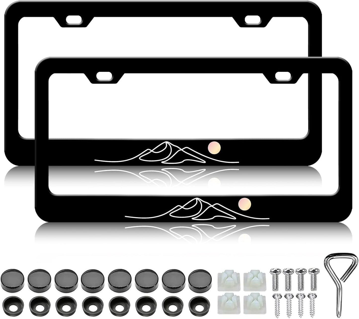 Moon Mountain License Plate Frames - 2 Pack Black Mountain Stainless Steel License Plate Holder,Rust-Proof Waterproof Car Decorative Tag Frame with Screws Fasteners Caps