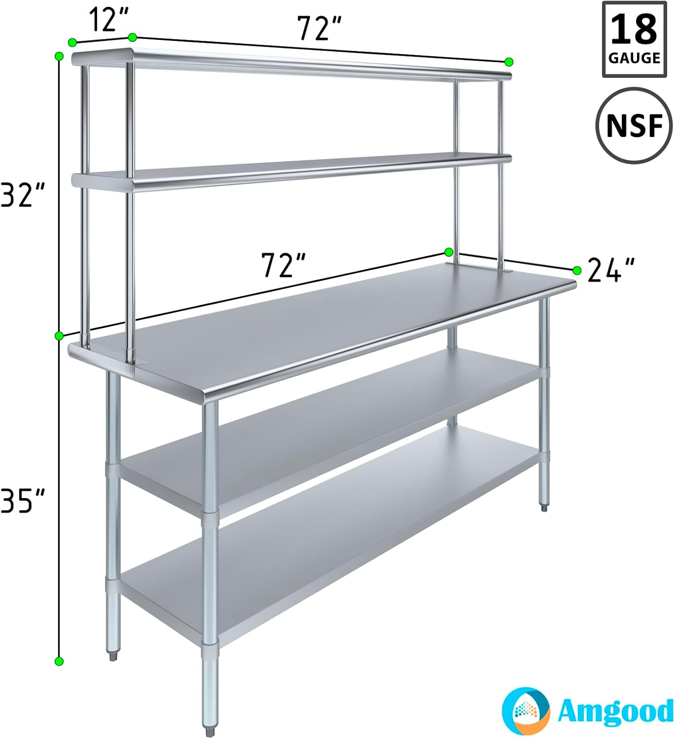 Amgood Stainless Steel Work Table with 2 Shelves | Metal Kitchen Prep Table & Shelving Combo (24" x 72" Table with 2 Shelves + 12" Overshelf)