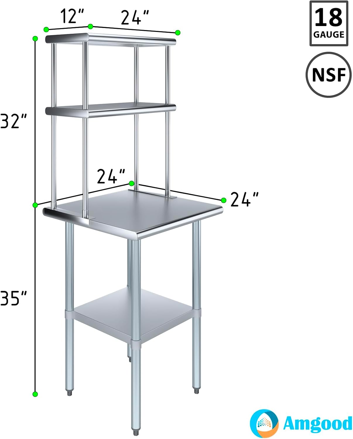Amgood Stainless Steel Work Table Wide Double Tier Overshelf | NSF | Metal Kitchen Prep Table & Shelving Combo (24" x 24" Work Table + 12" Overshelf)
