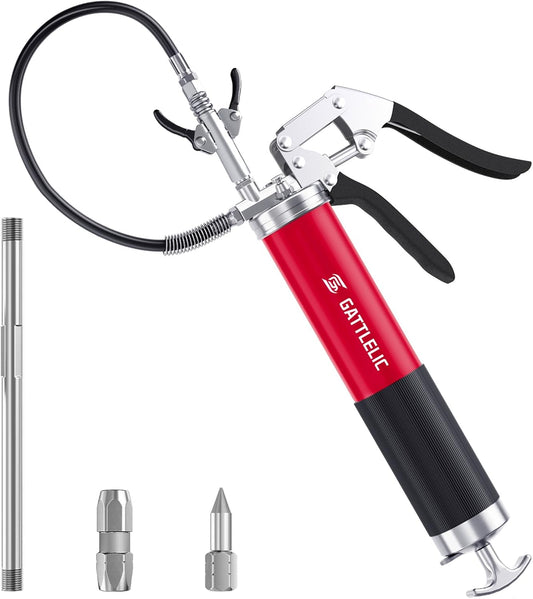 Heavy Duty Grease Gun Kit, 8000 PSI Professional Pistol Grip 14 oz Load with 12" Flex Hose, Locking Coupler, Extension Pipe, and Sharp Nozzle,Red(Upgrade)