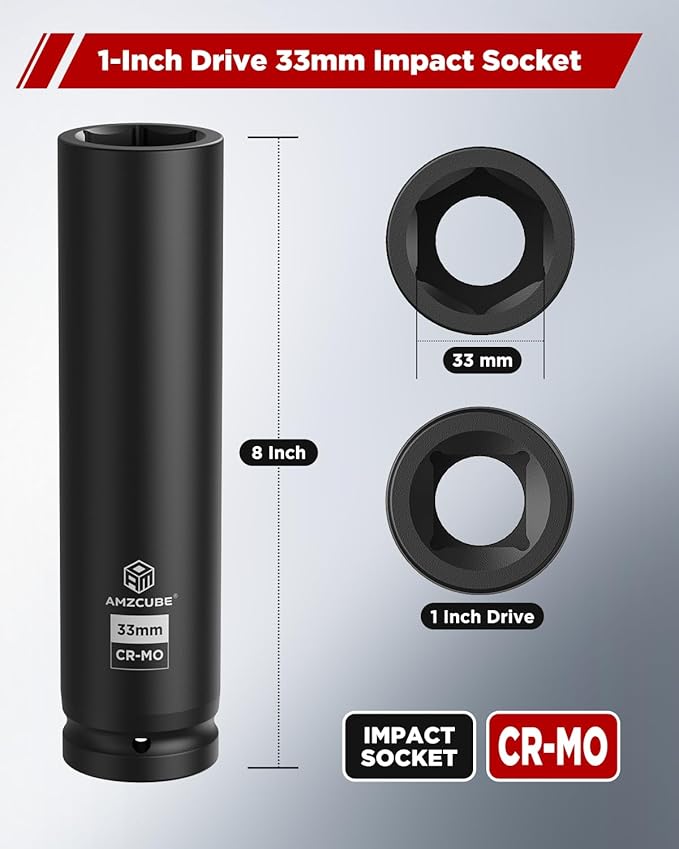 1 Inch Drive 33mm Extra Deep Impact Socket, 8-Inch Anti-Break Cr-Mo Long Socket with 6-Point Radius Corner Design