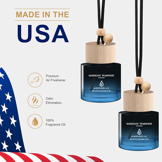 Car Air Freshener Hanging 2 Pack Car Air Fresheners Diffuser - Mahogany Teakwood Fragrance Oil Air Diffuser for Car, 45+ days Long Lasting Fragrance, Two 0.27 FL OZ/8ML Made in USA Car Air Fresheners