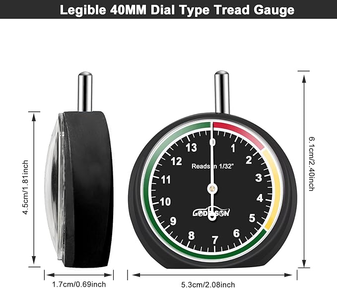 GODESON Tire Tread Depth Gauge,Dial Type Tire Depth Gauge in 32nds,Color-Coded and Easy Reading Tread Depth Gauge Professional for Motorcycle, Car,Truck and Bus,Black Paint Casing