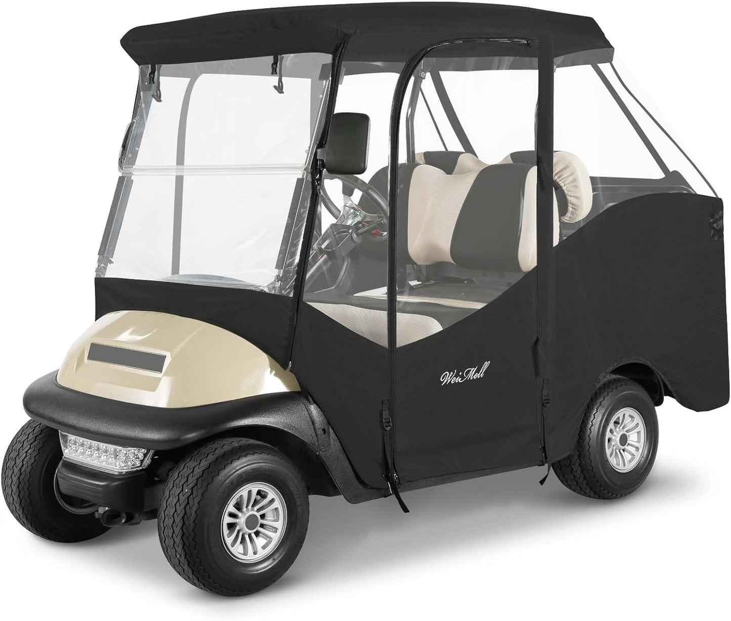 4 Passenger Golf Cart Enclosure for Club Car Precedent Short Roof 2+2 Waterproof Windproof Driving Rain Covera Fit 4-Seater with 4-Sided Clear Windows Mirror Zipper Roll-up Door Black