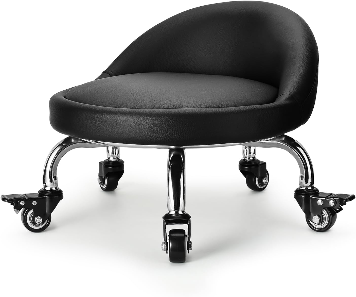 Rolling Stool with Backrest Low Height Rolling Stool with PU Leather, Roller Stool Chair, Roller Seats for Home, Office, Garage, Shop, Library