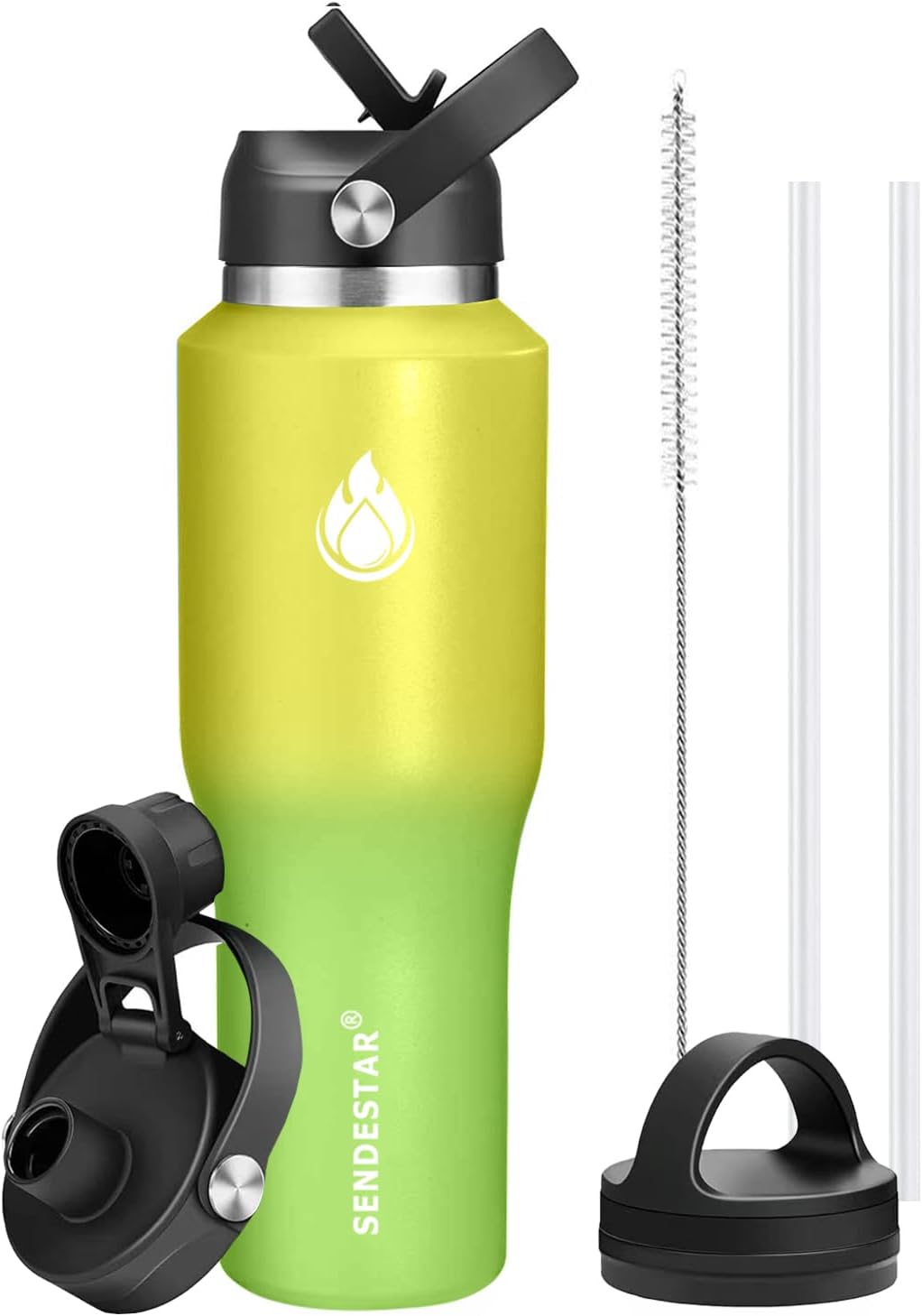 SENDESTAR 40oz Water Bottle Wide Mouth Stainless Steel Vacuum Insulated Double Wall with 2 Straw Lids Fit in Any Car Cup Holder