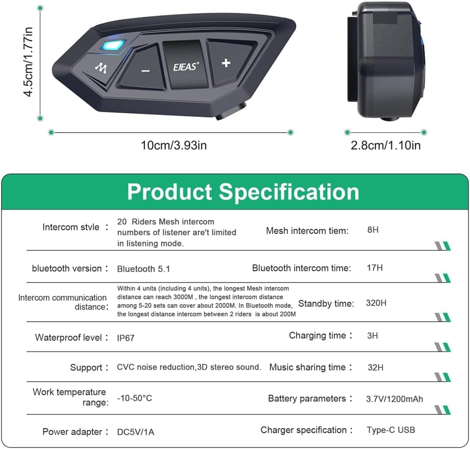Motorcycle Bluetooth intercom MS20 2000m Helmet Intercom,20 Riders Motorcycle Bluetooth Headset,Universal Bluetooth Helmet Headset,Helmet Communication System FM/Hard &Soft Mic/2Pack