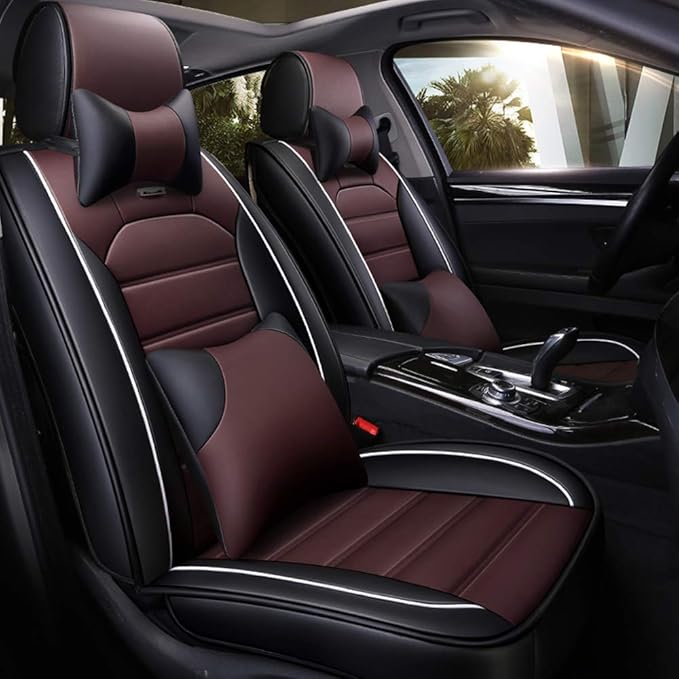 otoez Car Seat Covers Full Set, Leather Seat Covers for Car, 5 Seat Waterproof Automotive Front and Rear Seat Cushion Protector Fit for Most Car Sedan Truck (with Pillows)