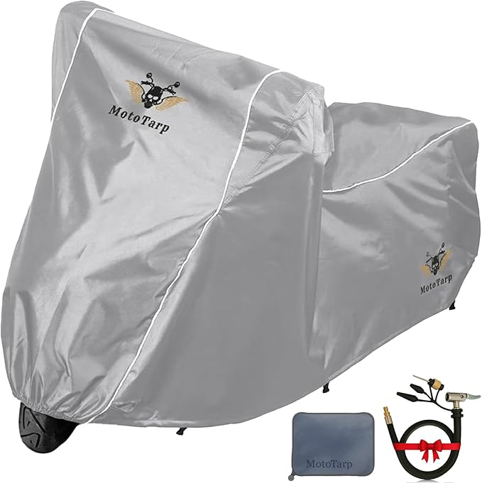 600D Heavy Duty Motorcycle Cover 100% Waterproof; License Plate Window, Exhaust Heat Guard, Night Reflectors, Wheel Lock Slots (Silver, Large 86X37X43)