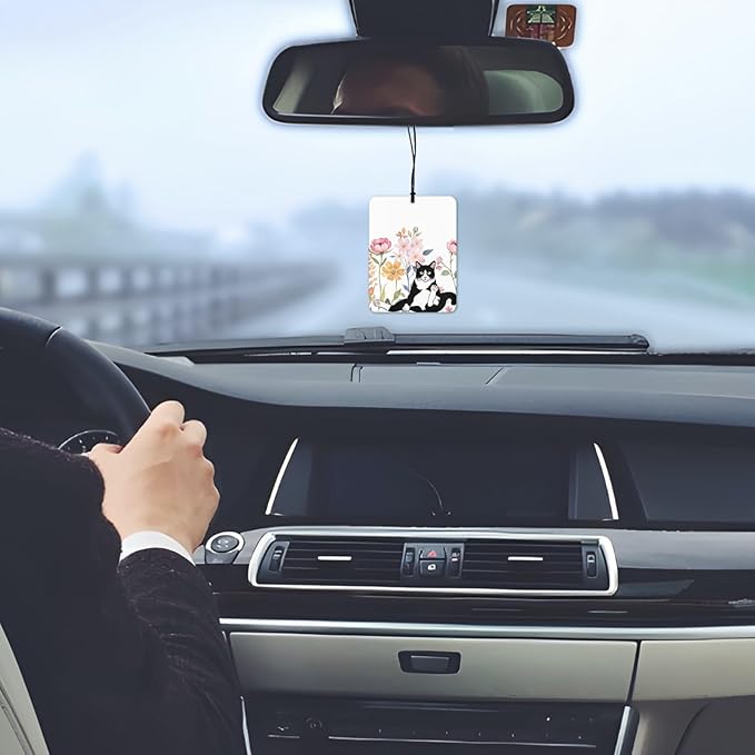 Floral Tuxedo Cat Car Air Freshener 4 Pcs, Black and White Cat Flower Hanging Scents Air Freshener for Women Girls Gifts, Cute Kitten Scented Car Accessories Decor for Room Closet Drawer
