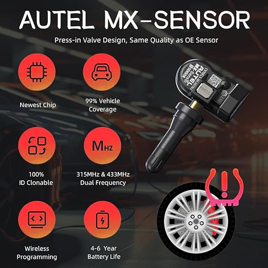 Autel TPMS Sensors 2in1 MX-Sensor 315Mhz/433Mhz Tire Pressure Sensor, Press-in OE-Level Programmable & Cloneable Wireless TPMS Sensors for All Vehicles, Program by Autel TPMS Tool (Rubber Stem 4pcs)﻿