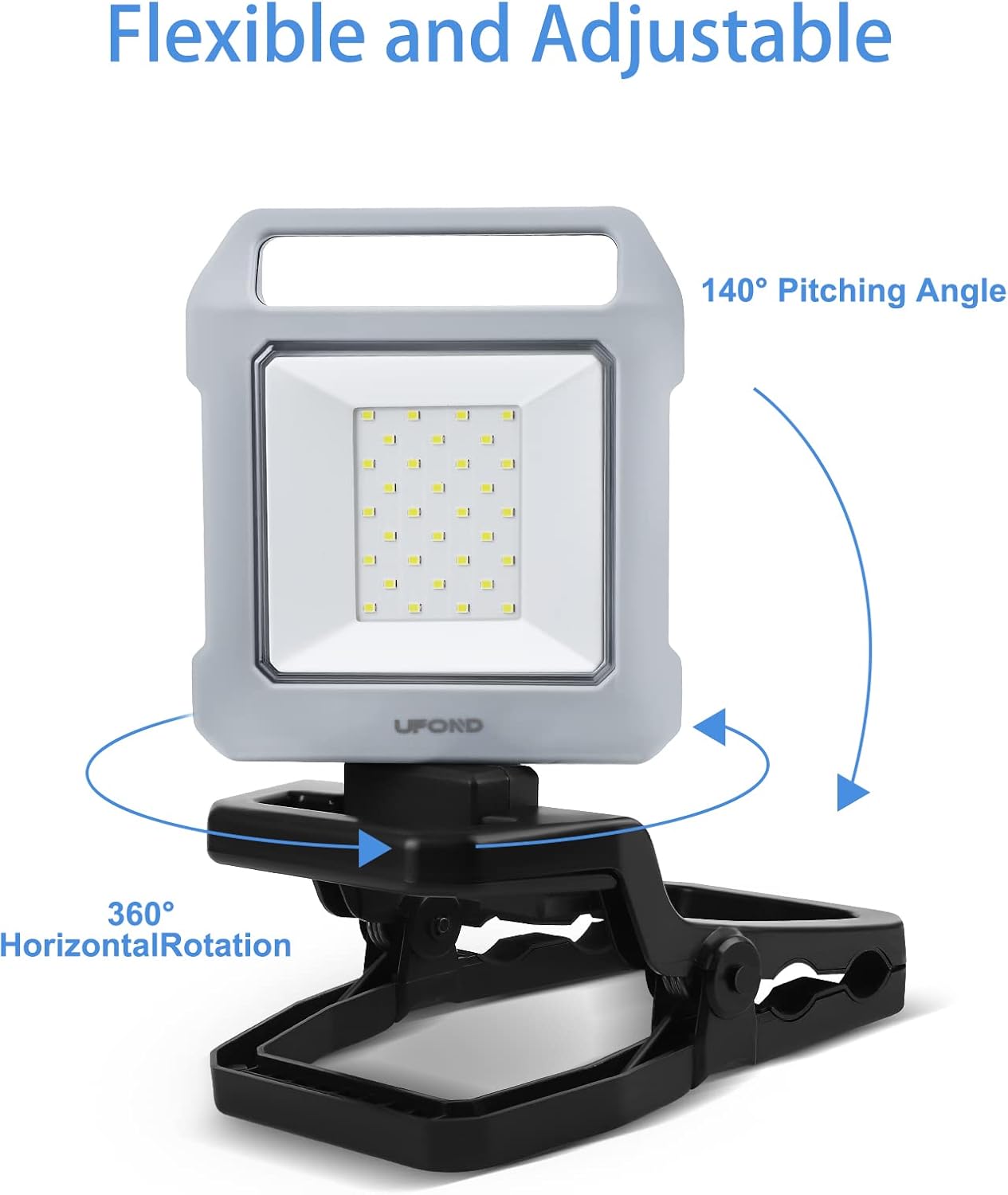 UFOND 2500LM LED Work Light Rechargeable,12h Portable Battery Worklight Cordless,6600mAh Waterproof Floodlight Brightness Adjustable,Outdoor Construction Clamp Light for Garage Camping Car Repairing