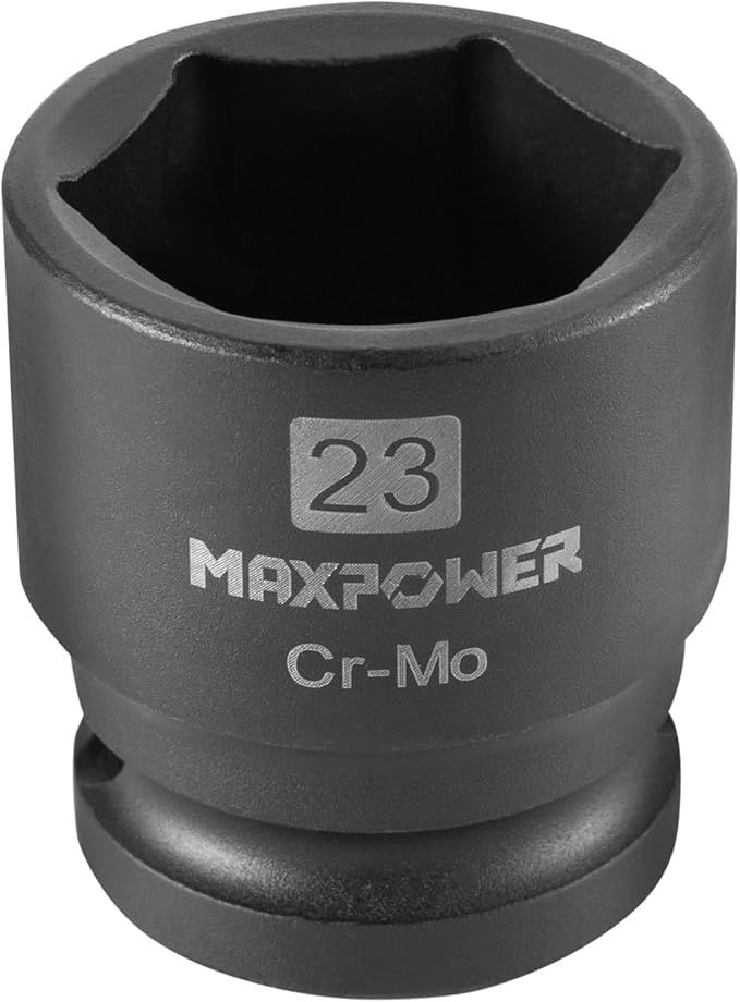 MAXPOWER 1/2 Inch Drive 23mm Standard Impact Socket, Made with Heat-Treated Chrome Molybdenum Steel, 6-Point Design, Metric