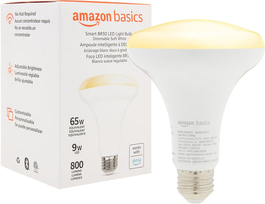 Amazon Basics Smart BR30 LED Light Bulb, Dimmable Soft White (2700K), 9W (60W Equivalent), 800LM, Works with Alexa Only, 2.4 GHz Wi-Fi, No Hub Required, 1 Pack