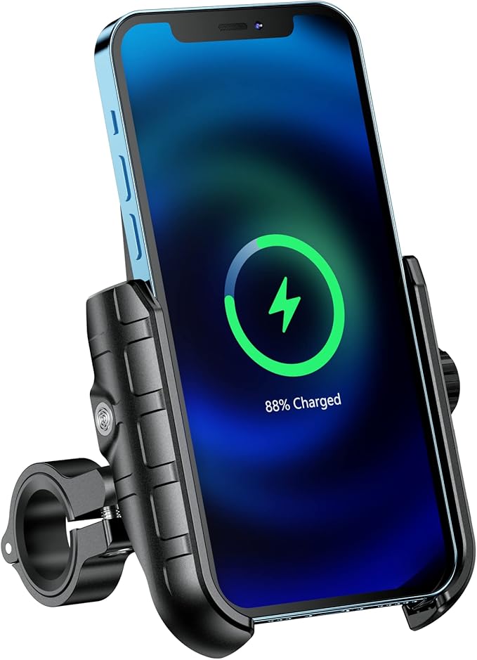 BRCOVAN Motorcycle Phone Mount Holder with Qi 15W Wireless Charger & PD/USB-C 20W Fast Charging Port, Waterproof Cellphone Cradle with Aluminum Alloy Handlebar Mounting Base for 4-8" Smartphone