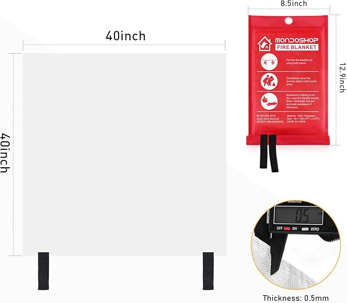 Mondoshop Fire Blanket for Home and Kitchen - Emergency Fire Suppression Blankets Fireproof Blanket Fire Retardant Blankets for Car, Fireplace, Camping, Picnic, Grill