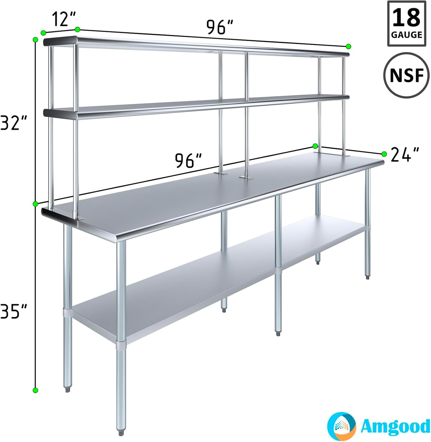 Amgood Stainless Steel Work Table Double Tier Overshelf | Metal Kitchen Prep Table & Shelving Combo (24" x 96" Work Table + 12" Overshelf)