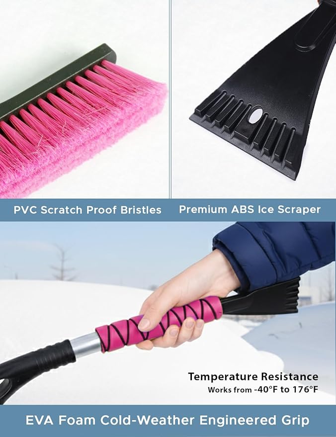 27" Snow Brush and Ice Scrapers for Car Windshield (3 Pack), Window Scraper with Ergonomic Foam Grip, Snow Removal for Car, Must Have Winter Car Accessories (Green, Blue & Pink)