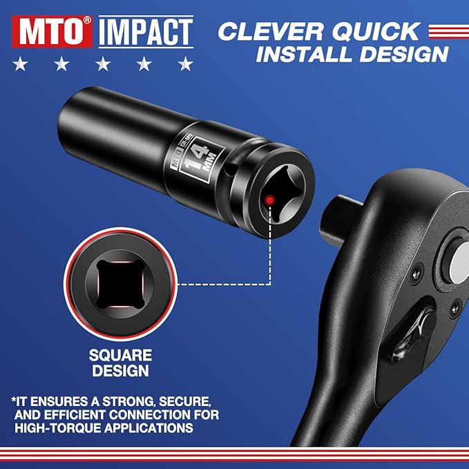 MTO 1/2" Drive 14mm Deep Impact Socket, 6 Pt. Metric Socket, CR-MO Steel & Anti-Corrosion Coating for Heavy-Duty Use