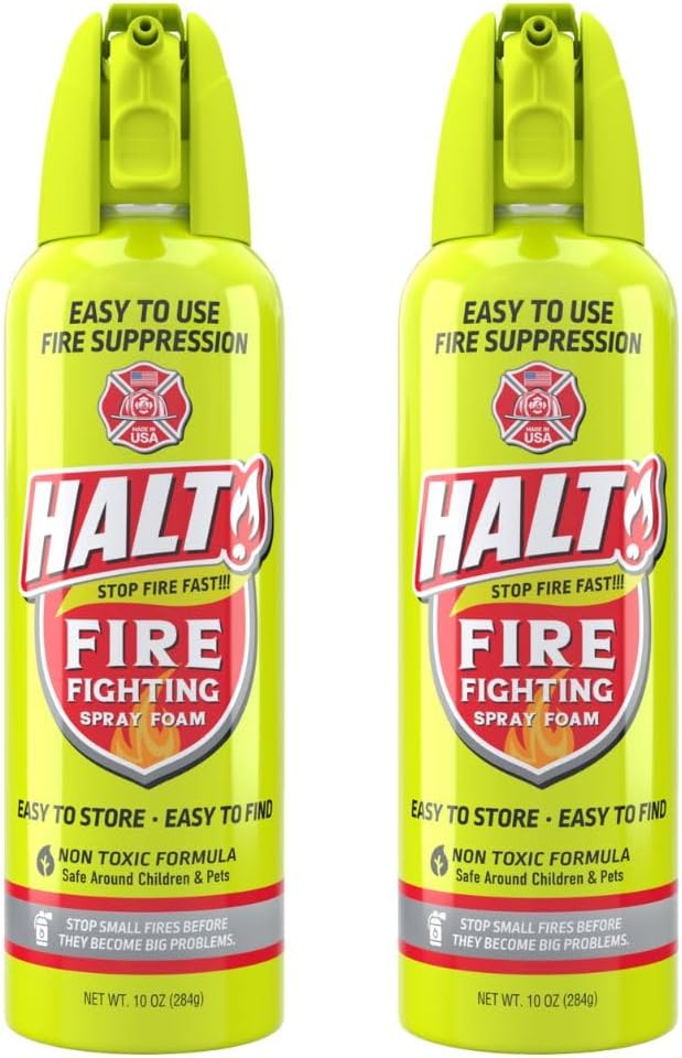HALT! Fire Fighting Foam Spray – Non-Toxic, PFAS Free, Easy to Use, Store, and Find in Emergency – Compact & Portable – Ideal for Home, Kitchen, Apartment, Car, BBQ, Tailgate – Made in USA (2-Pack)