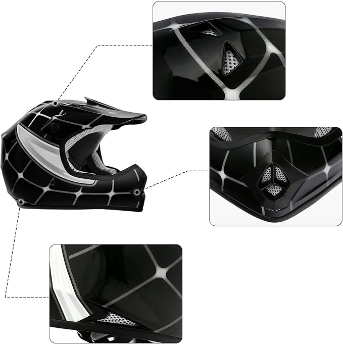 XFMT DOT Youth Kids Dirt Bike Helmet Full Face Motocross Helmets for Off-Road ATV Street Bike Four Wheeler Motorcycle with Goggles & Gloves (Black Spiders, Large)