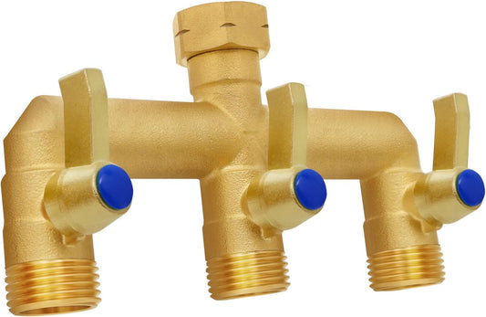 Brass Garden Hose Splitter, 3 Way Hose Splitter, Outdoor Hose Splitter, GHT 3/4 in. Female Inlet and 3 Way 3/4 in, (Increase Flow Style)