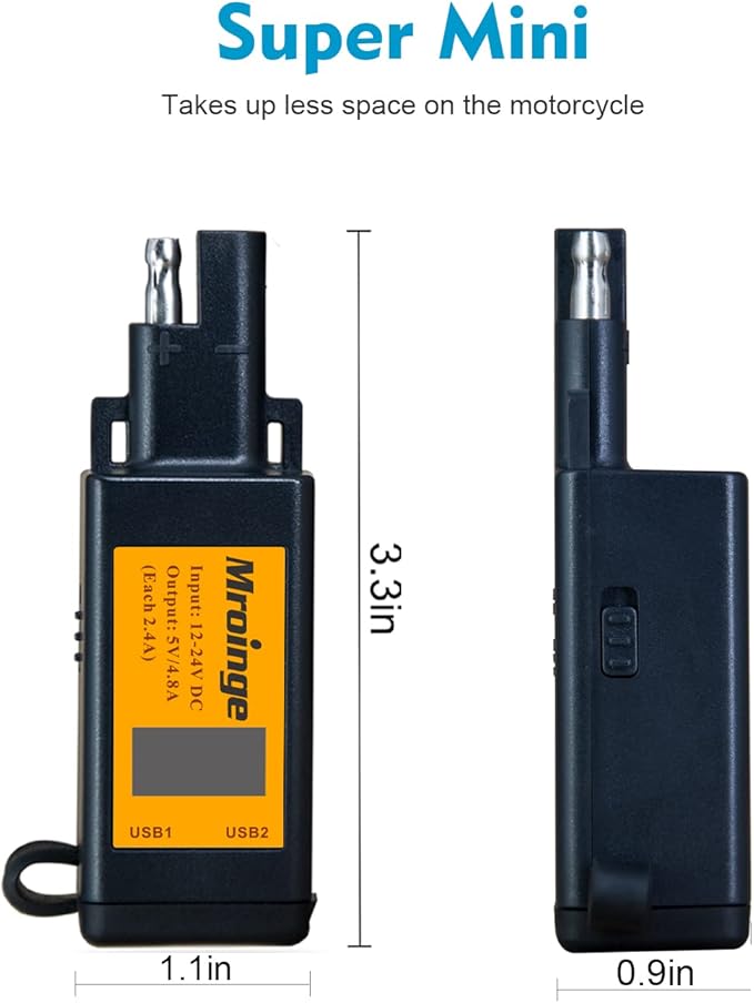 Motorcycle USB Charger, Mroinge 4.8A SAE to USB Adapter with Voltmeter & Ammeter, Quick Disconnect Plug with Dual USB Charger Perfect for Smart Device Charging, with ON/Off Switch & Waterproof Cover