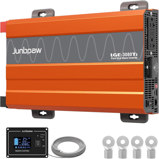 3080W Pure Sine Wave Inverter, 24V DC to 110V/120V AC, 9000W Peak, 5V/2.1A USB, Quiet Fan, Capacitor, Off-Grid Solar Power for RV, Camping, Emergency, Truck (LGE-24-3080TI)