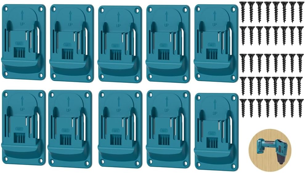 Drill Tool Wall Mounted Base Hanger Compatible Motorized Stand Set for Makita 18V Lithium-Ion Tools – 10 Pack with 40 Screws (Blue)