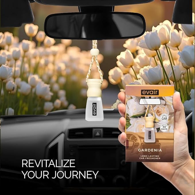 Evair Gardenia Scent For Car Air Freshener | Hanging Air Fresheners with Wooden Diffuser - Long Lasting Fragrance from Essential Oil - 2 Pack
