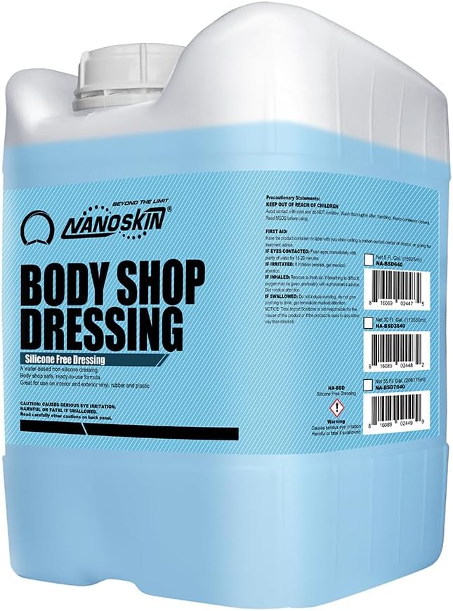 Nanoskin Body Shop Dressing 5 Gallons - Body Shop Safe, Silicone Free Formula | Restores Deep Black Color on Exterior Tires, Vinyl, Rubber, Plastic & Trim | Safe for Cars, Trucks, RVs, Boats & More