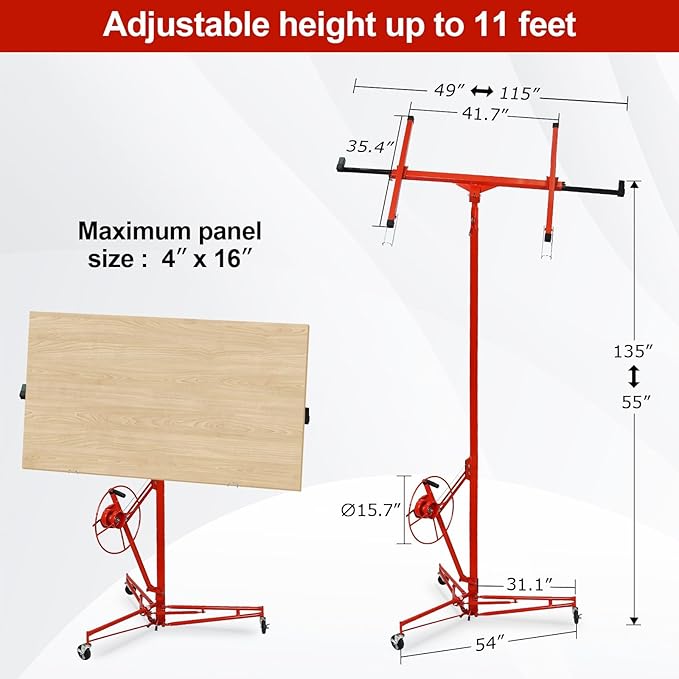 11FT Drywall Lift Sheetrock Lift, 150LBS Capacity, Drywall Lift Panel Hoist with Black Telescopic Arm, Drywall Jack Lift with 3 Lockable Wheels for Home Improvement, 4'x16' Panel Size, Red